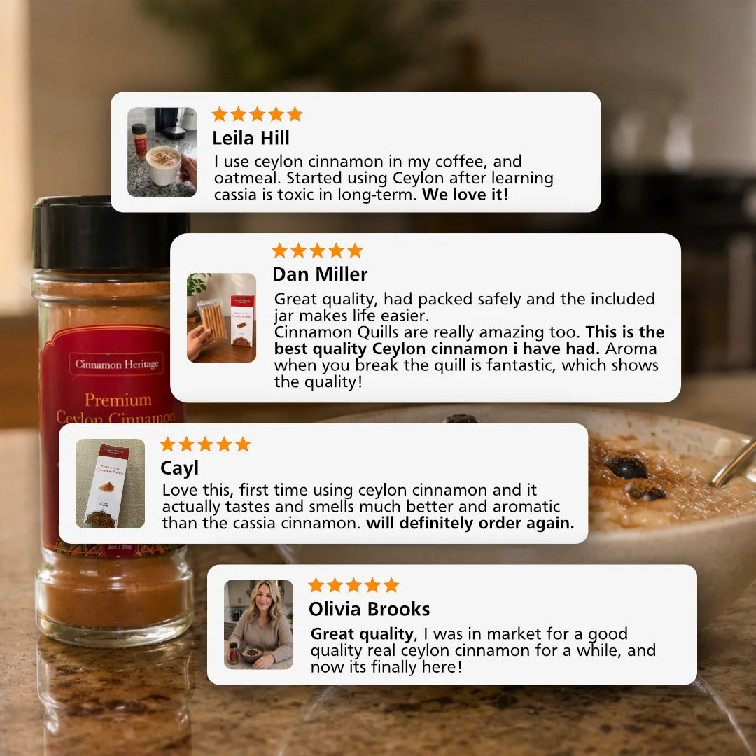customer reviews for Cinnamon Heritage's Ceylon Cinnamon displayed on a kitchen counter with a ceylon cinnamon jar on the background.