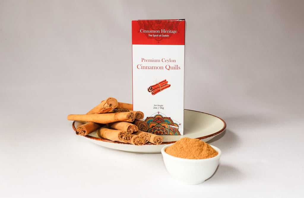 Cinnamon Heritage Ceylon cinnamon quills packaging with cinnamon sticks and ground cinnamon on a white background