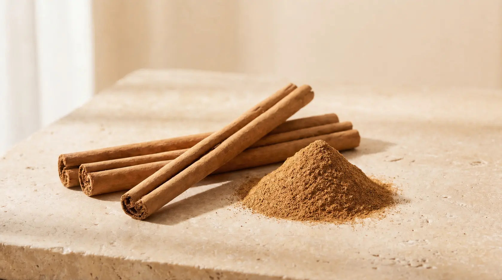 Ceylon Cinnamon sticks and a pile of cinnamon powder on a light surface