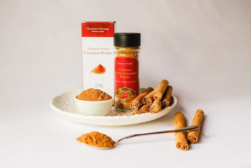 Buy Ceylon Cinnamon powder packaging, jar, and cinnamon sticks on a white plate with a white background