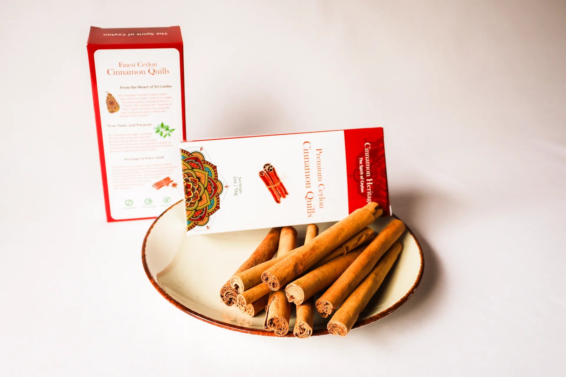 Real True Ceylon Cinnamon sticks on a plate with packaging in the background